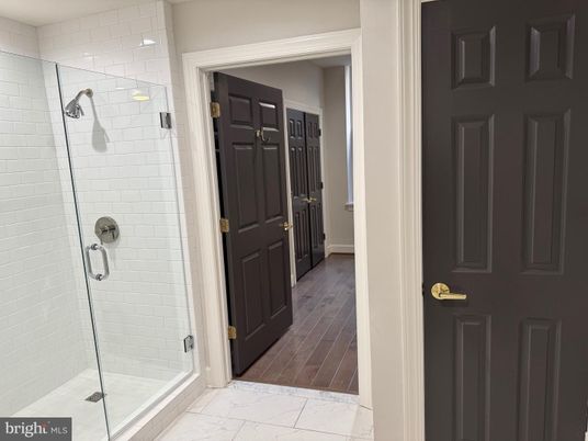Bathroom, Glass Shower, Interior, Marble, Wood Texture Flooring