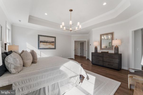 Bedroom, Chandelier, Interior, Pendant Lights, Recessed Lighting, Wood Texture Flooring