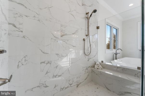 Bathroom, Glass Shower, Interior, Marble Walls, Recessed Lighting