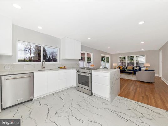 Interior, Kitchen, Living room, Marble, Recessed Lighting, Stainless Steel Appliances, Wood Texture Flooring