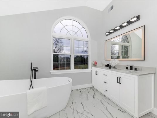 Bathroom, Dual Sink Vanities, Free Standing Baths, Interior, Marble