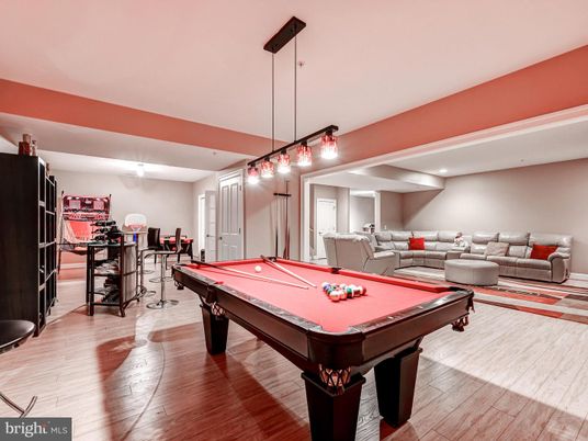 Billiard Table, Game Room, Interior, Pendant Lights, Recessed Lighting, Wood Texture Flooring
