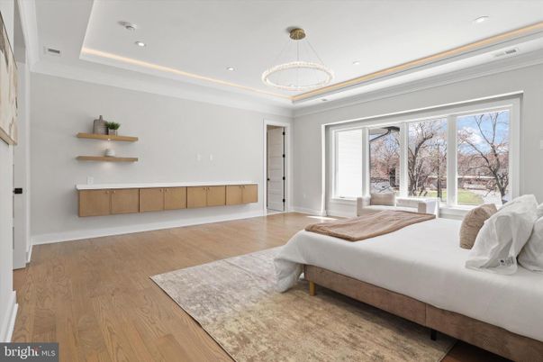 Bedroom, Interior, Pendant Lights, Recessed Lighting, Wood Texture Flooring