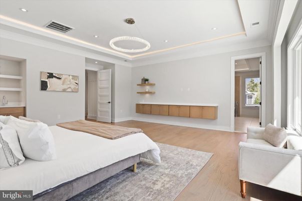 Bedroom, Interior, Pendant Lights, Recessed Lighting, Wood Texture Flooring