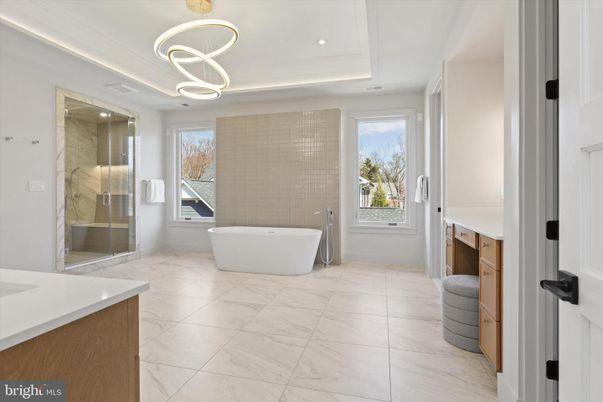 Bathroom, Free Standing Baths, Glass Shower, Interior, Marble, Marble Walls, Pendant Lights, Recessed Lighting