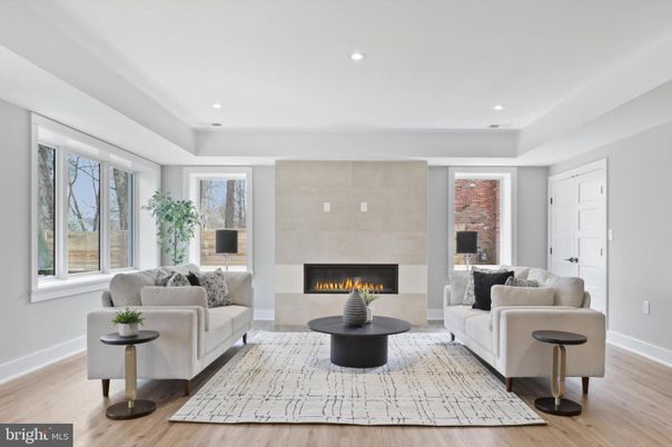 Fireplace, Interior, Living room, Recessed Lighting, Wood Texture Flooring