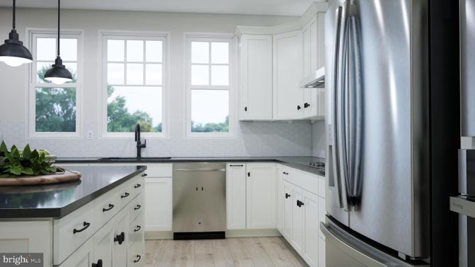 Interior, Kitchen, Pendant Lights, Stainless Steel Appliances, Wood Texture Flooring