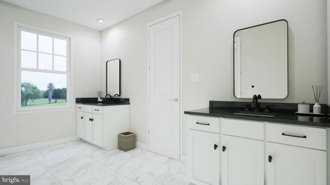 Bathroom, Dual Sink Vanities, Interior, Marble, Recessed Lighting