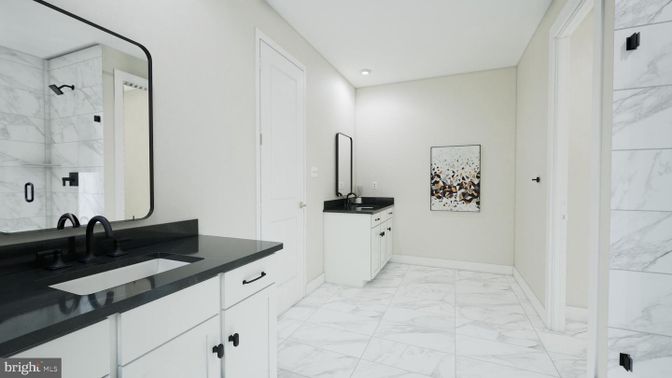 Bathroom, Dual Sink Vanities, Interior, Marble, Marble Walls, Recessed Lighting