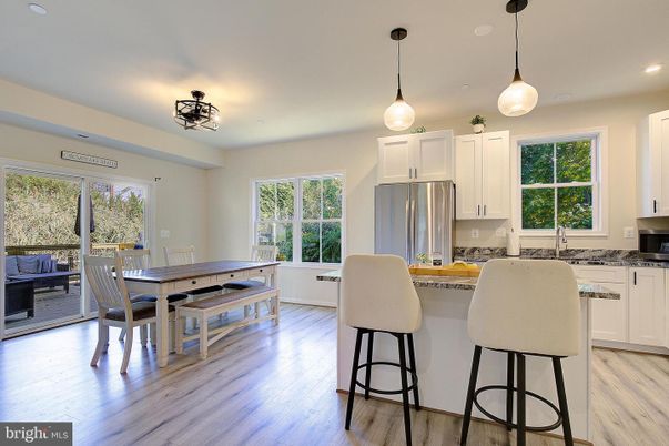 Dining room, Interior, Kitchen, Pendant Lights, Recessed Lighting, Wood Texture Flooring