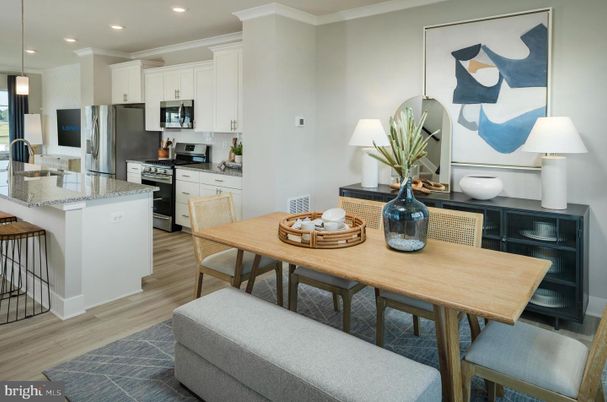 Dining room, Interior, Kitchen, Pendant Lights, Recessed Lighting, Stainless Steel Appliances, Wood Texture Flooring