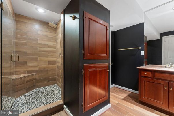 Bathroom, Interior, Recessed Lighting, Wood Texture Flooring, Wooden Walls