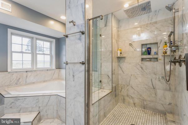 Bathroom, Glass Shower, Interior, Marble Walls, Recessed Lighting