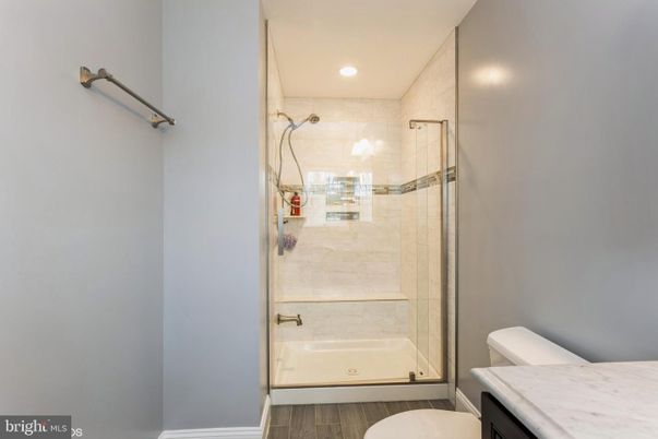 Bathroom, Glass Shower, Interior, Recessed Lighting, Wood Texture Flooring