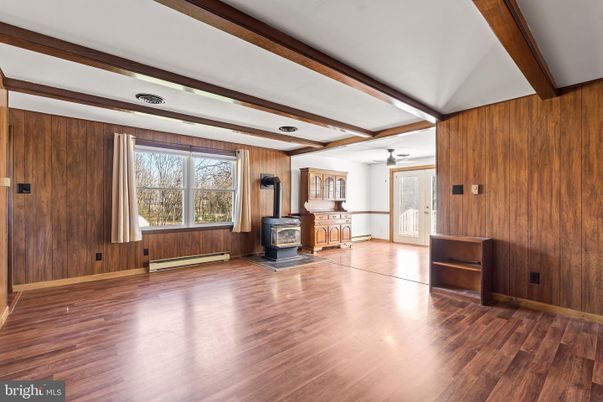 Empty room, Fireplace, Interior, Wooden Beams, Wood Texture Flooring, Wooden Walls