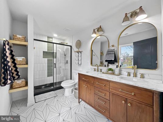 Bathroom, Dual Sink Vanities, Glass Shower, Interior, Marble, Recessed Lighting