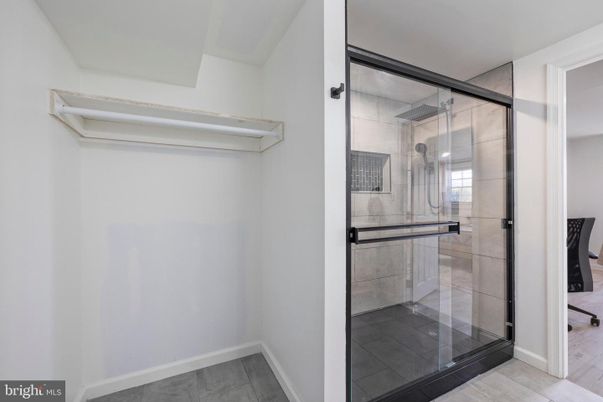Bathroom, Glass Shower, Interior, Wood Texture Flooring