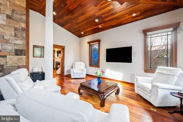 Fireplace, Interior, Living room, Recessed Lighting, Stone Walls, Wooden Ceilings, Wood Texture Flooring