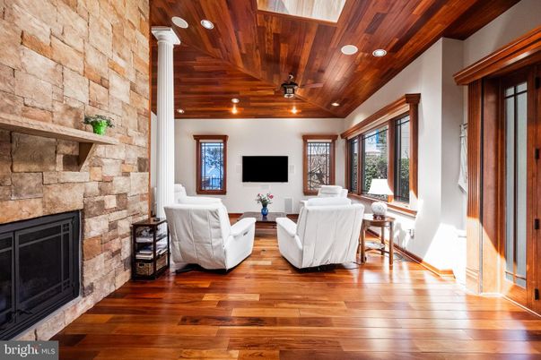 Fireplace, Interior, Living room, Recessed Lighting, Stone Walls, Wooden Ceilings, Wood Texture Flooring