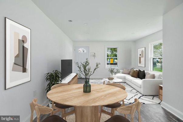 Dining room, Interior, Living room, Recessed Lighting, Wood Texture Flooring