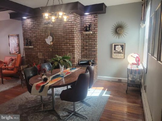 Dining room, Interior, Pendant Lights, Stone Walls, Wood Texture Flooring