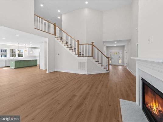 Fireplace, Interior, Pendant Lights, Recessed Lighting, Wood Texture Flooring