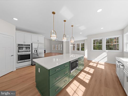 Interior, Kitchen, Pendant Lights, Recessed Lighting, Stainless Steel Appliances, Wood Texture Flooring