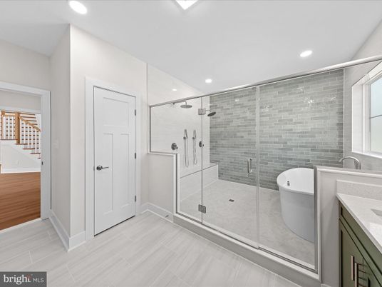 Bathroom, Free Standing Baths, Glass Shower, Interior, Recessed Lighting, Wood Texture Flooring