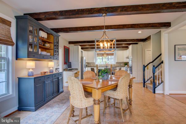 Dining room, Interior, Kitchen, Pendant Lights, Recessed Lighting, Wooden Beams