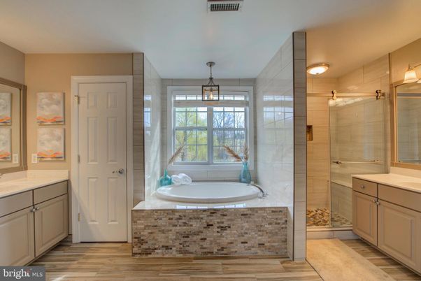 Bathroom, Glass Shower, Interior, Pendant Lights, Wood Texture Flooring