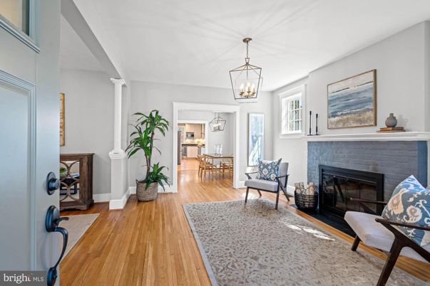 Dining room, Fireplace, Interior, Pendant Lights, Wood Texture Flooring