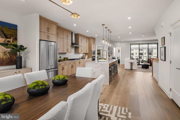 Dining room, Interior, Kitchen, Living room, Pendant Lights, Recessed Lighting, Stainless Steel Appliances, Wood Texture Flooring