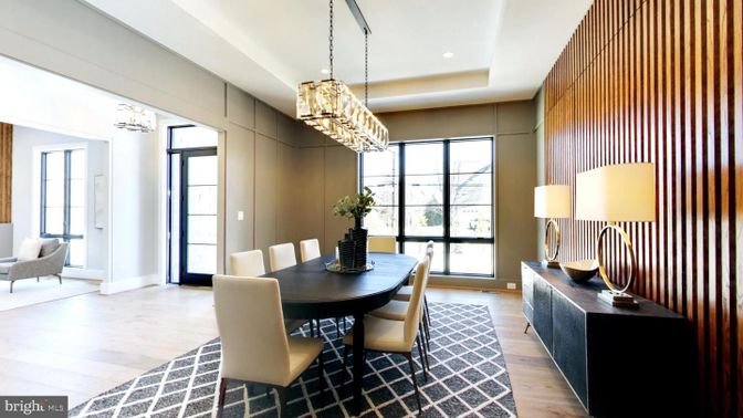 Chandelier, Dining room, Interior, Pendant Lights, Recessed Lighting, Wood Texture Flooring