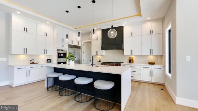 Interior, Kitchen, Pendant Lights, Recessed Lighting, Stainless Steel Appliances, Wood Texture Flooring