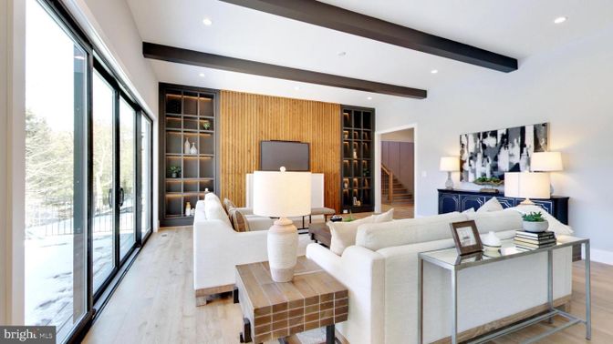 Home Office, Interior, Living room, Recessed Lighting, Wooden Beams, Wood Texture Flooring