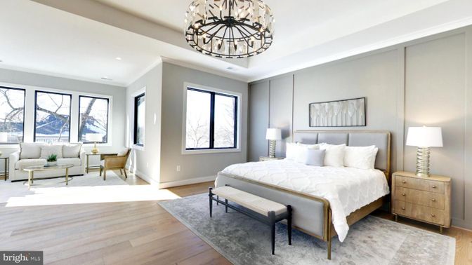 Bedroom, Chandelier, Interior, Recessed Lighting, Wood Texture Flooring