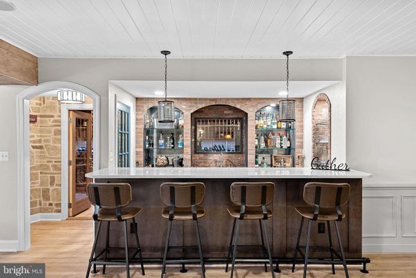 Interior, Pendant Lights, Stone Walls, Wood Texture Flooring