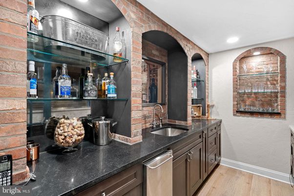 Interior, Kitchen, Recessed Lighting, Stone Walls, Wood Texture Flooring