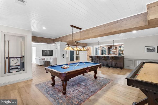 Billiard Table, Chandelier, Game Room, Interior, Pendant Lights, Recessed Lighting, Wooden Beams, Wood Texture Flooring