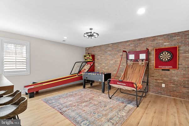 Game Room, Interior, Recessed Lighting, Stone Walls, Wood Texture Flooring