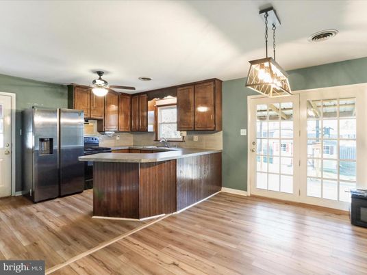 Interior, Kitchen, Pendant Lights, Stainless Steel Appliances, Wood Texture Flooring