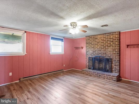 Empty room, Fireplace, Interior, Stone Walls, Wood Texture Flooring