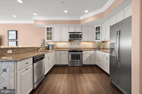 Interior, Kitchen, Recessed Lighting, Stainless Steel Appliances, Wood Texture Flooring
