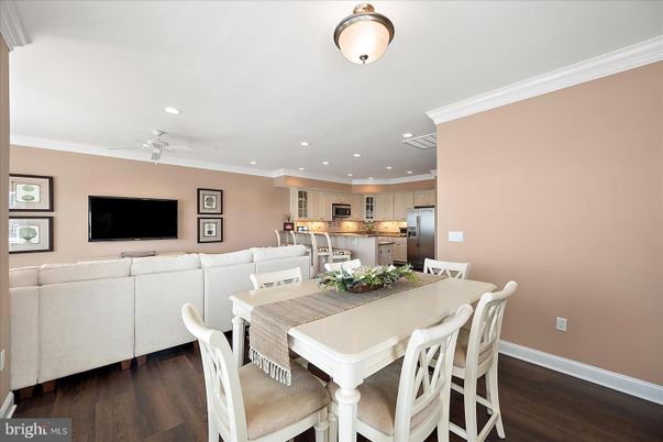 Dining room, Interior, Kitchen, Living room, Recessed Lighting, Wood Texture Flooring