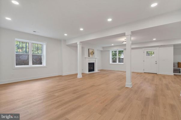 Empty room, Fireplace, Interior, Recessed Lighting, Wood Texture Flooring