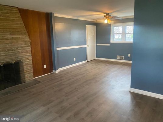 Empty room, Fireplace, Interior, Stone Walls, Wood Texture Flooring