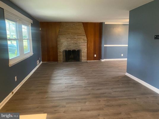 Empty room, Fireplace, Interior, Stone Walls, Wood Texture Flooring