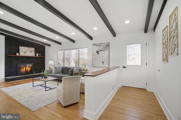 Fireplace, Interior, Living room, Recessed Lighting, Wooden Beams, Wood Texture Flooring