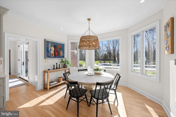 Dining room, Interior, Pendant Lights, Recessed Lighting, Wood Texture Flooring