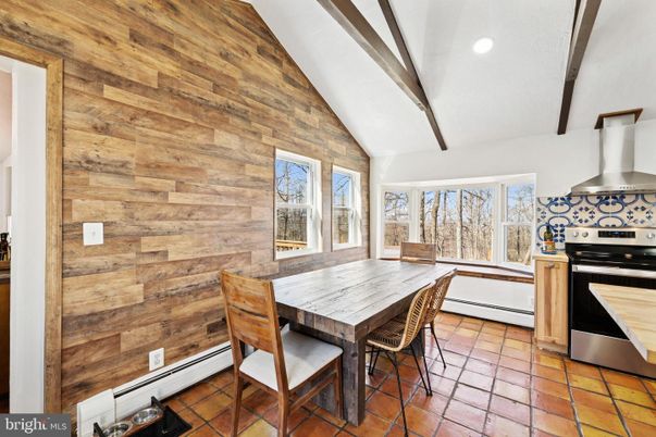 Dining room, Interior, Kitchen, Recessed Lighting, Stainless Steel Appliances, Wooden Beams, Wooden Walls